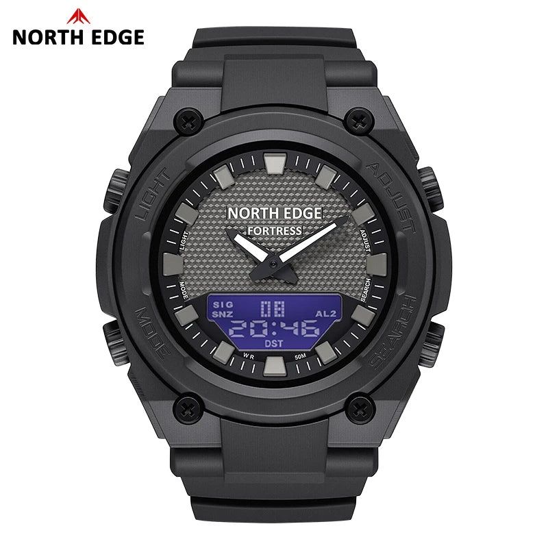 NORTH EDGE Fortress Men's Tactical Digital Watch – 50M Waterproof, LED Backlight & World Time