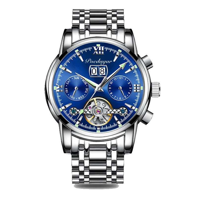 POEDAGAR Business Watch Men Automatic Mechanical Tourbillon Watch Luxury Fashion Stainless Steel Sport Watches Relogio Masculino