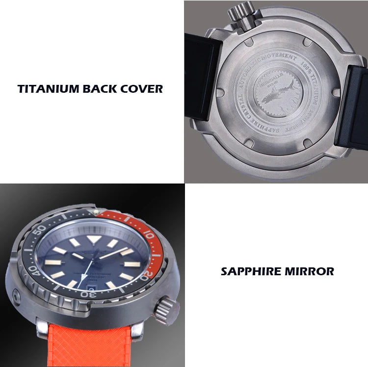 HEIMDALLR Men Automatic Watch 44mm Tuna Mechanical Wristwatch Titanium Case Luminous Diver 20Bar Waterproof Sapphire Sport NH35