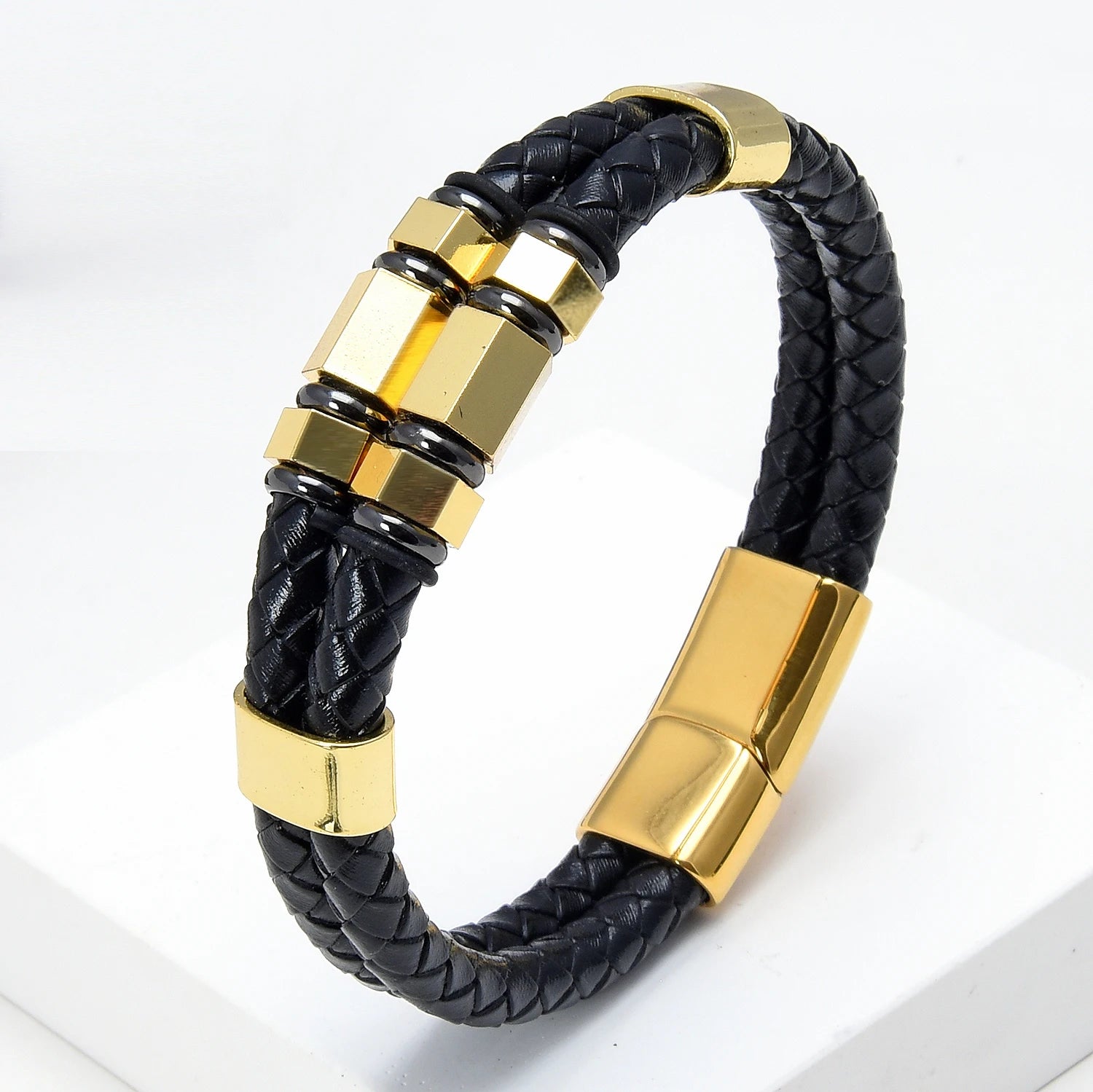 Men's Multilayer Leather Bracelet – Geometric Stainless Steel Charm Bangle