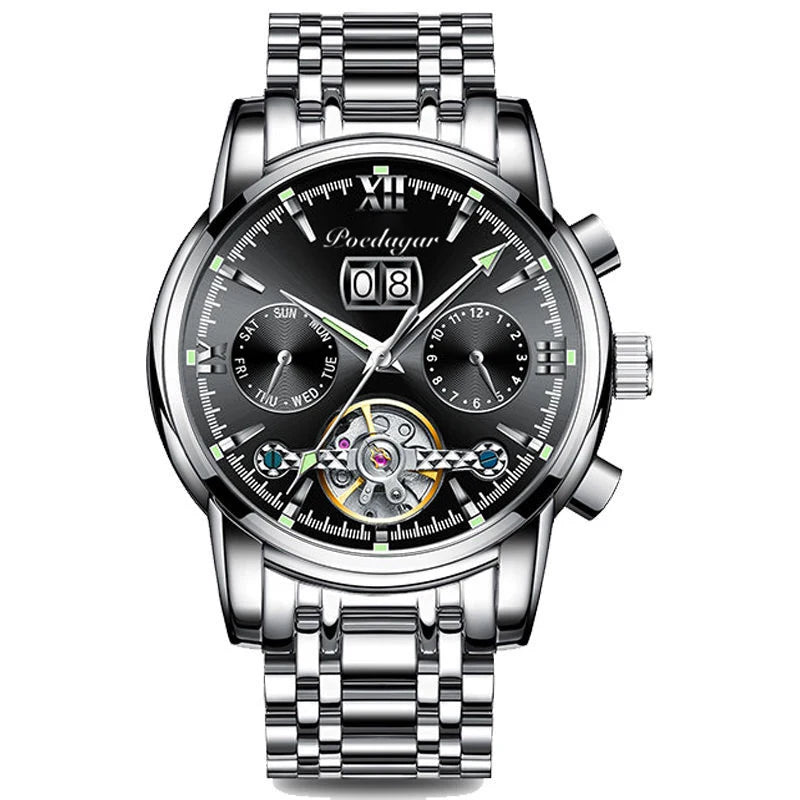POEDAGAR Business Watch Men Automatic Mechanical Tourbillon Watch Luxury Fashion Stainless Steel Sport Watches Relogio Masculino