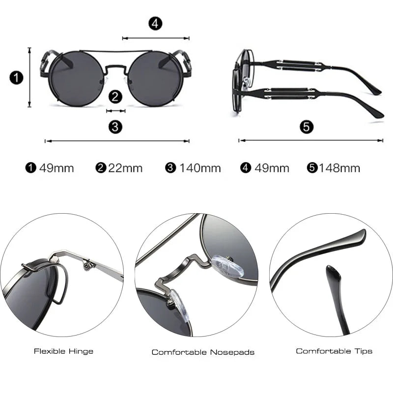 SO&EI Fashion Round Punk Sunglasses Men Retro Metal Double Spring Eyewear Unique Women Sun Glasses UV400