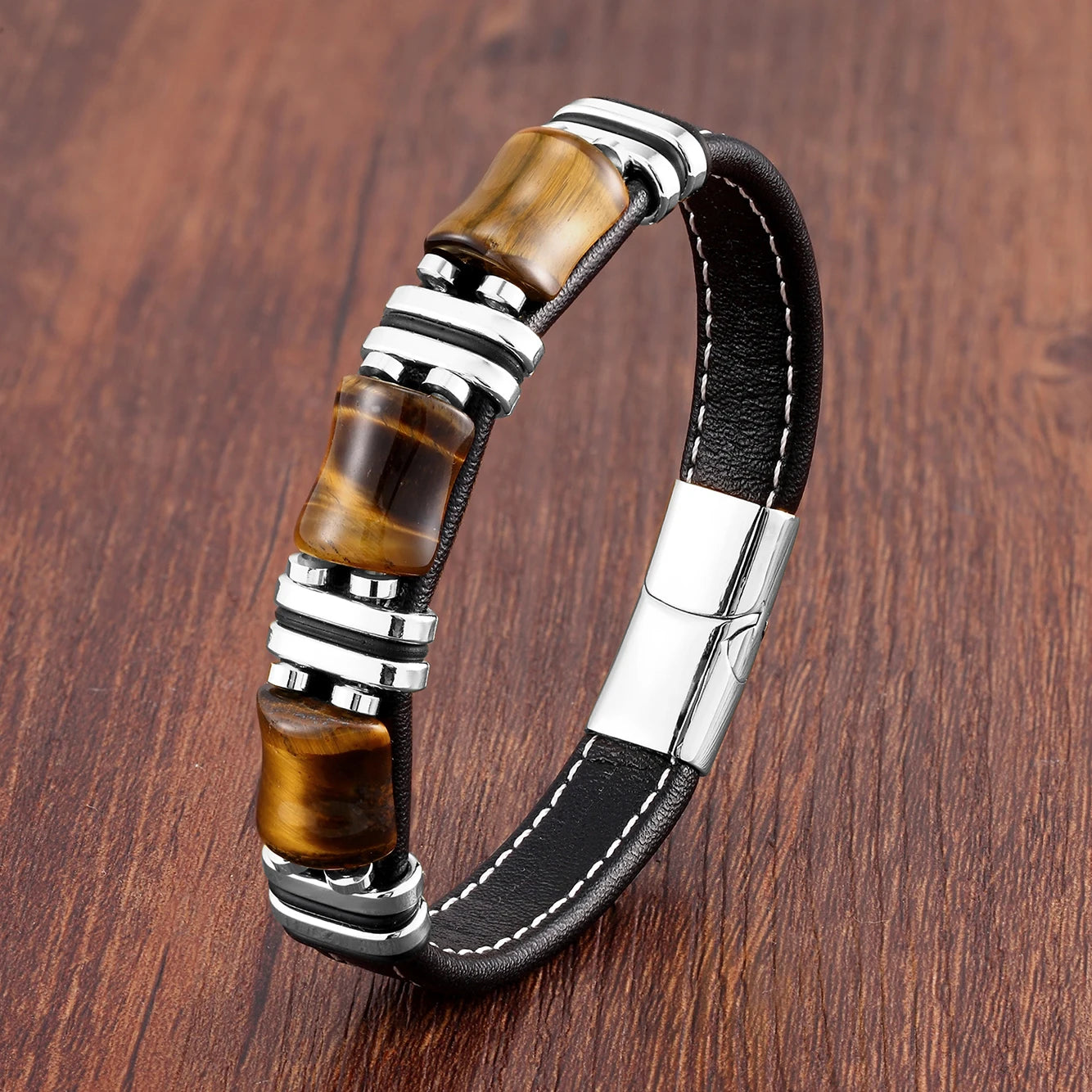 Men's Natural Tiger Eye Stone Bracelet – Leather Rope Chain & Stainless Steel