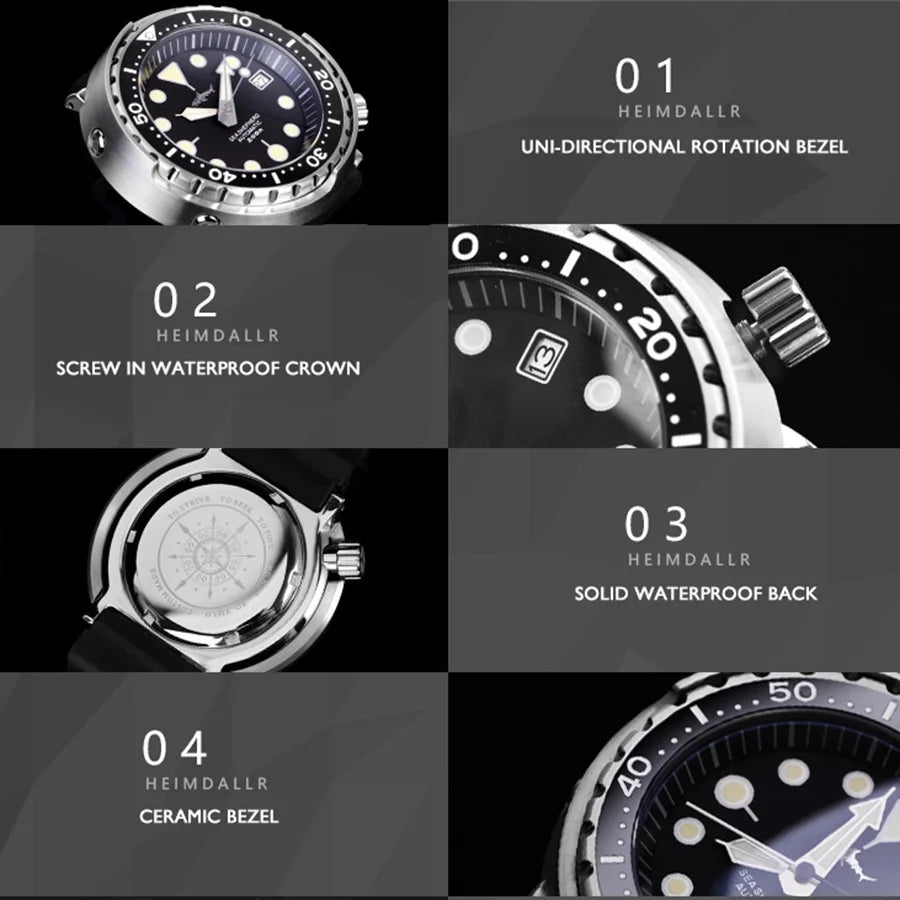 HEIMDALLR Men Automatic Watch 47mm Tuna Mechanical Wristwatch Diver 20ATM Waterproof Luminous Sapphire Mirror Ceramic Bezel NH35