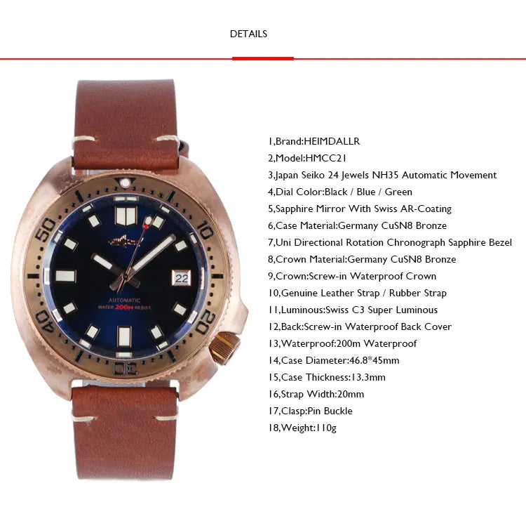 HEIMDALLR Men Dive Watch Bronze Turtle Case Automatic Mechanical Wristwatch Diver 200m Waterproof C3 Luminous Sapphire NH35
