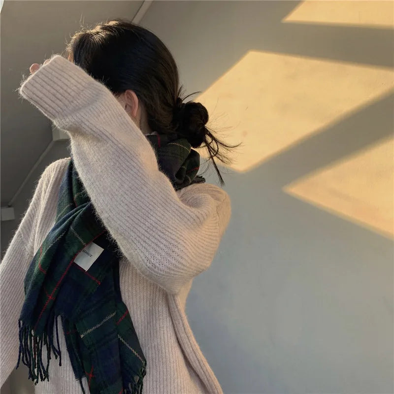 Plaid Cashmere Scarf – Tassel Wrap