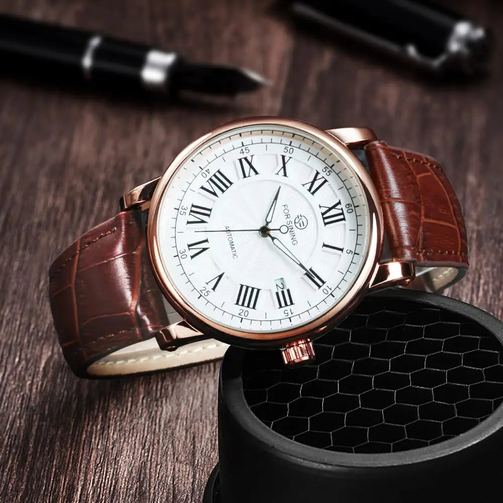 Forsining 279 Automatic Watch – Roman Numeral Dial, Leather Strap, Luminous Hands, Date Display