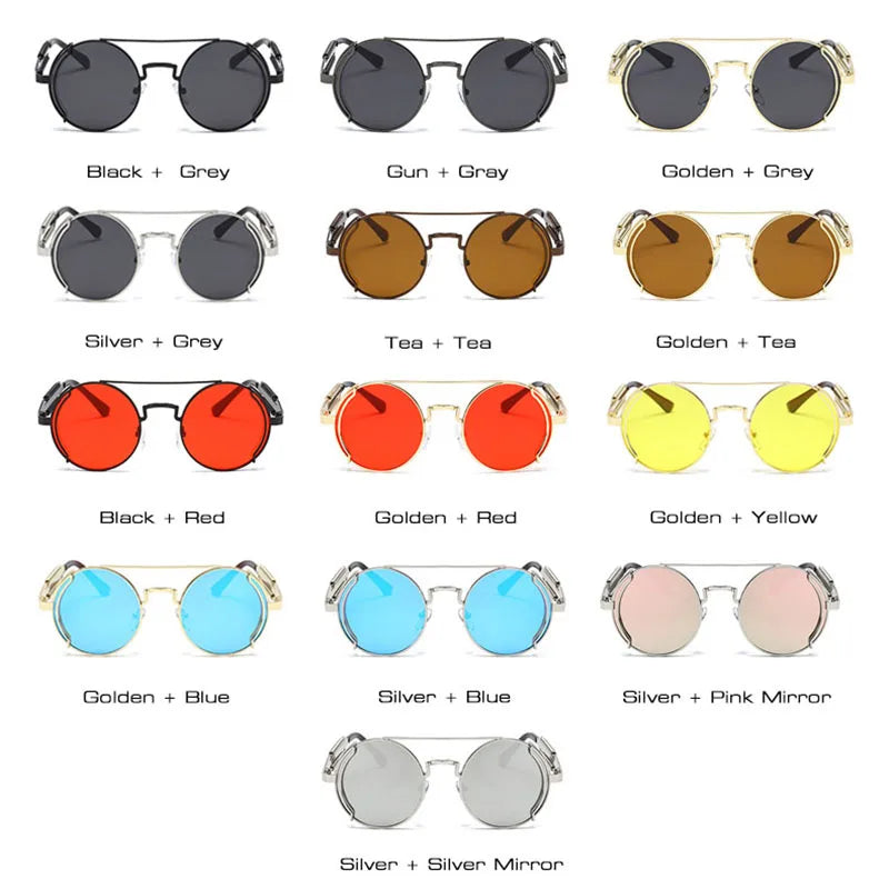 SO&EI Fashion Round Punk Sunglasses Men Retro Metal Double Spring Eyewear Unique Women Sun Glasses UV400
