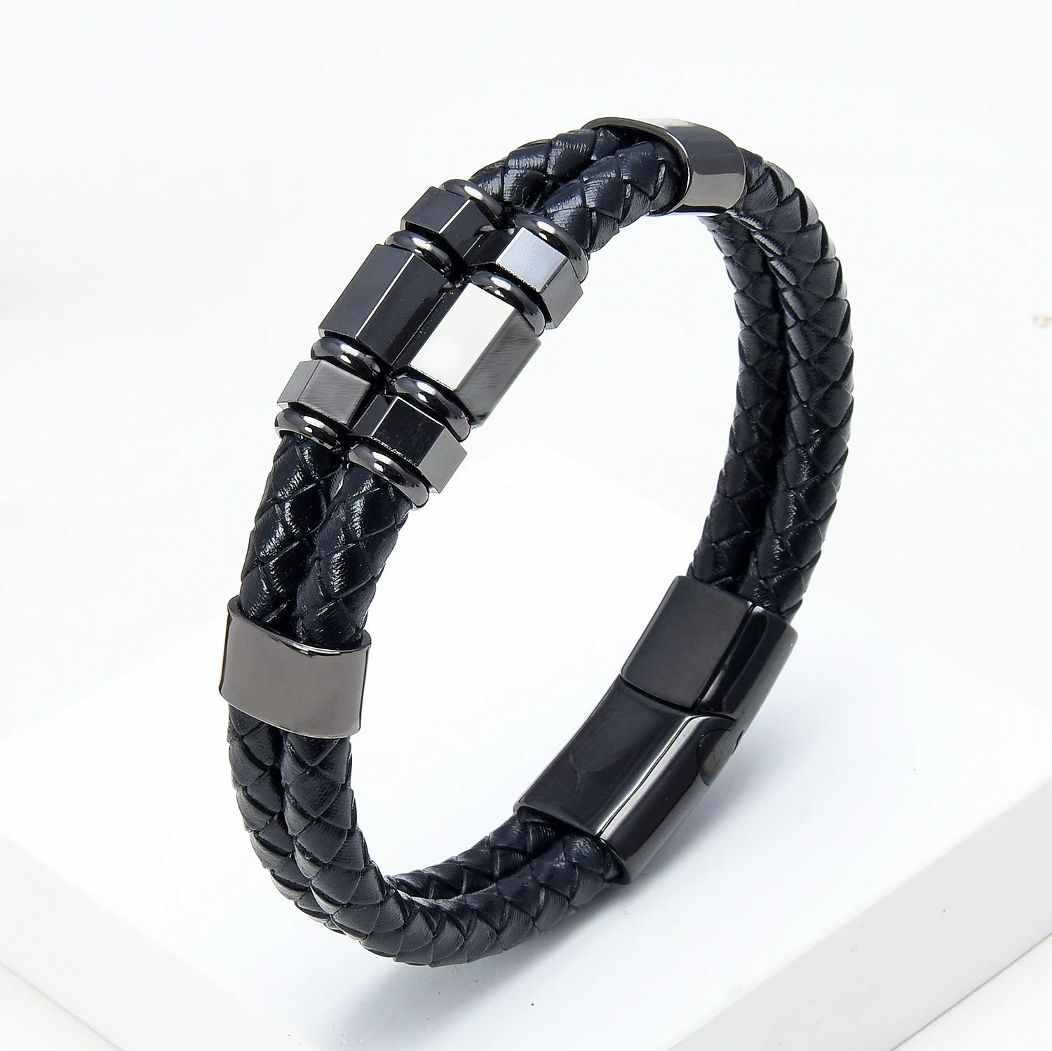 Men's Multilayer Leather Bracelet – Geometric Stainless Steel Charm Bangle