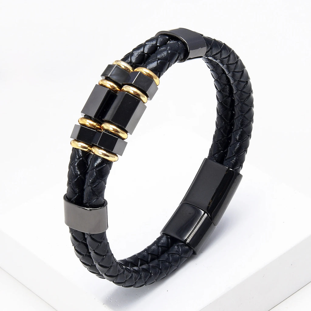 Mens Fashion Jewelry Multilayer Genuine Leather Bracelets Bangles Geometric Stainless Steel Charm Bracelet Men Gifts