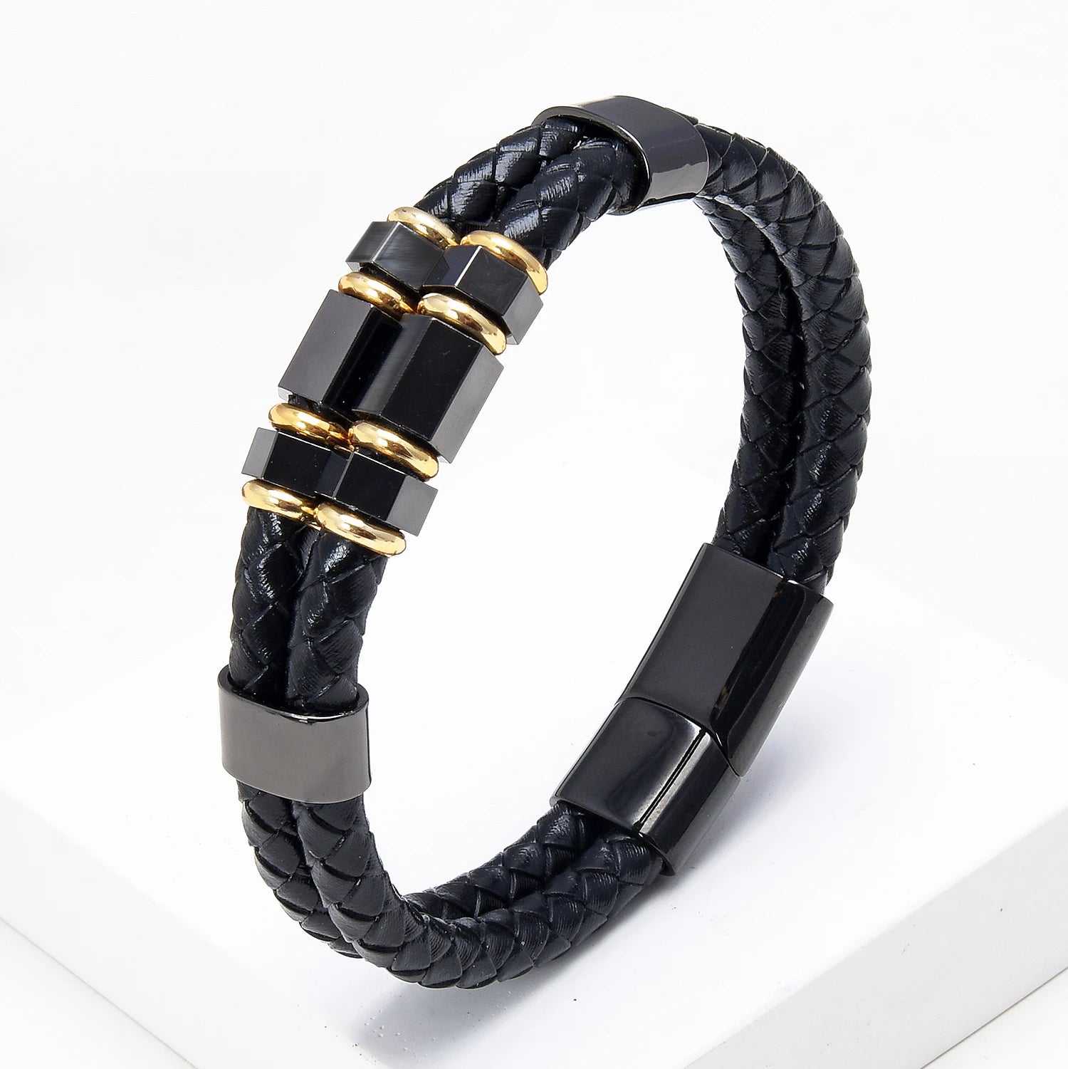 Mens Fashion Jewelry Multilayer Genuine Leather Bracelets Bangles Geometric Stainless Steel Charm Bracelet Men Gifts