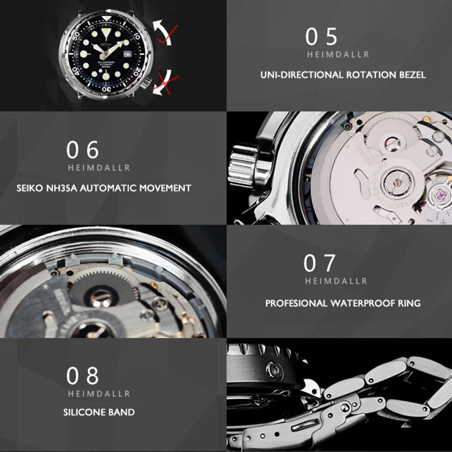 HEIMDALLR Men Automatic Watch 47mm Tuna Mechanical Wristwatch Diver 20ATM Waterproof Luminous Sapphire Mirror Ceramic Bezel NH35