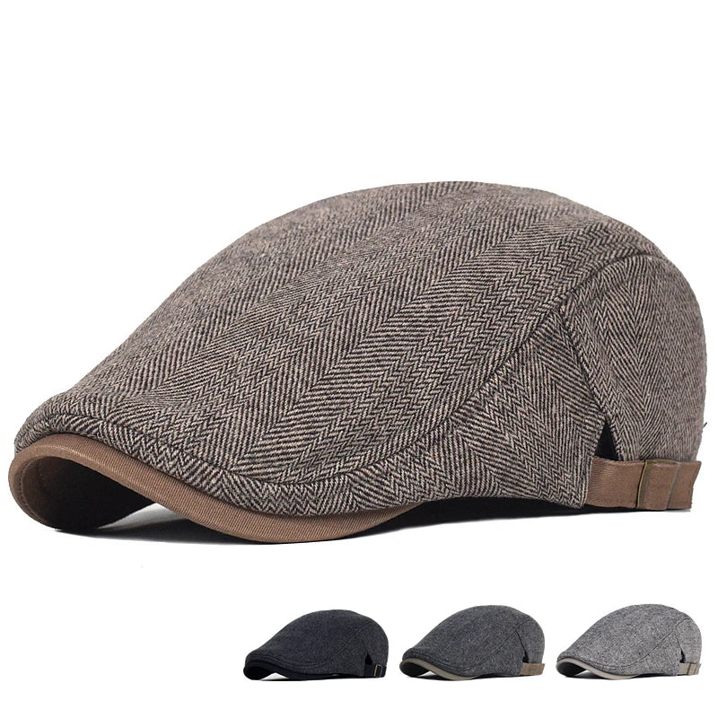 Large Size Herringbone Newsboy Cap – Adjustable Gatsby Flat Hat for Winter