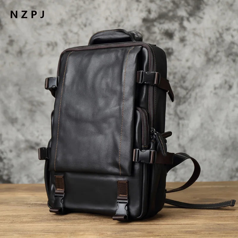 Men's Genuine Leather Backpack – Natural Cowhide, Laptop Compatible, Two Sizes