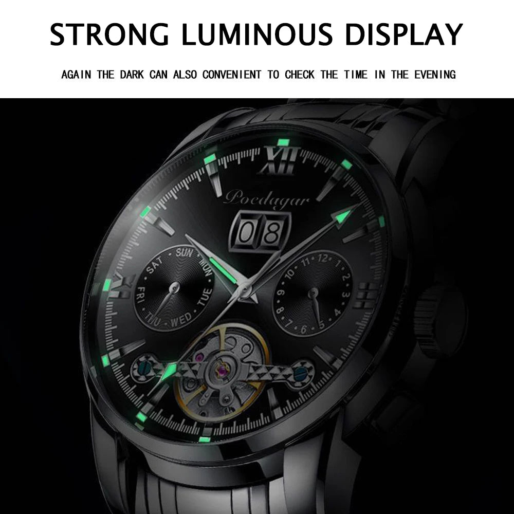 POEDAGAR Business Watch Men Automatic Mechanical Tourbillon Watch Luxury Fashion Stainless Steel Sport Watches Relogio Masculino