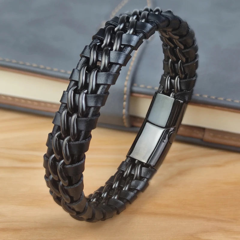 Genuine Leather Chain Bracelet for Men Magnetic Stainless Steel Clasp in Plated Gold Exclusive Jewellery Gift Wholesale Choice