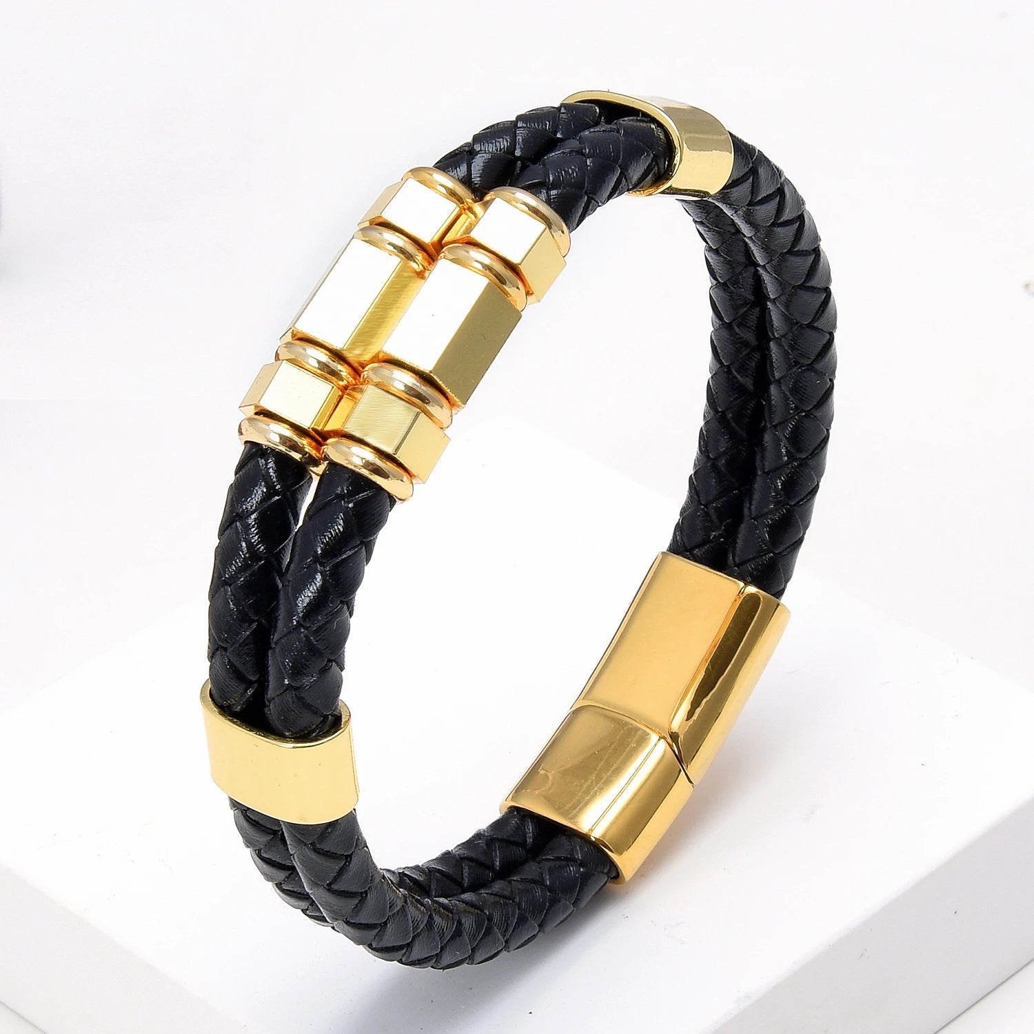 Men's Multilayer Leather Bracelet – Geometric Stainless Steel Charm Bangle