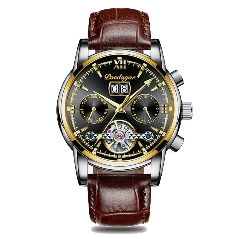 POEDAGAR Business Watch Men Automatic Mechanical Tourbillon Watch Luxury Fashion Stainless Steel Sport Watches Relogio Masculino