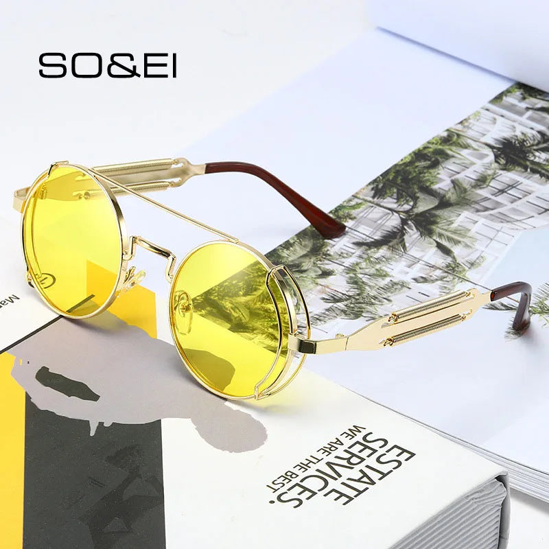 SO&EI Fashion Round Punk Sunglasses Men Retro Metal Double Spring Eyewear Unique Women Sun Glasses UV400