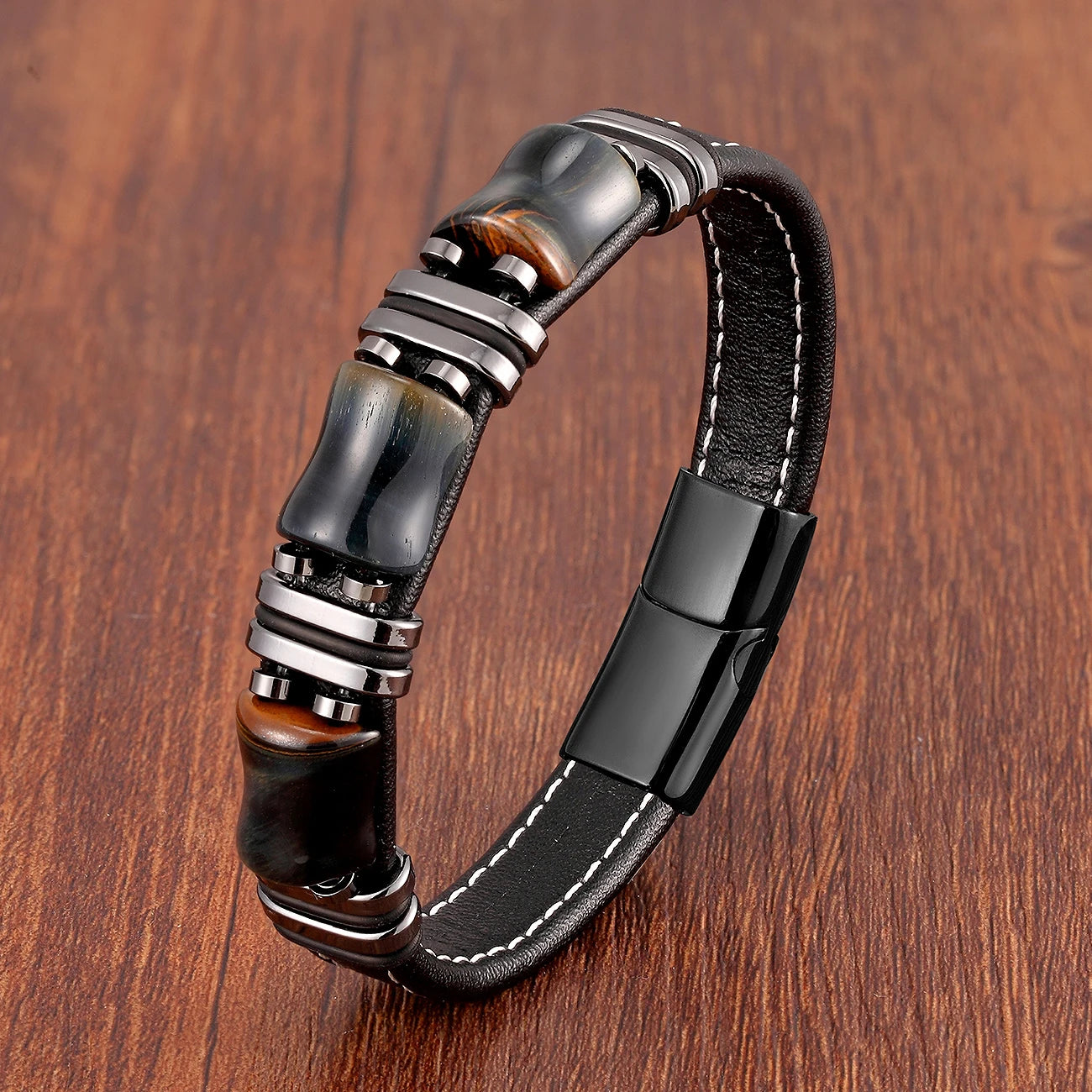 Men's Natural Tiger Eye Stone Bracelet – Leather Rope Chain & Stainless Steel