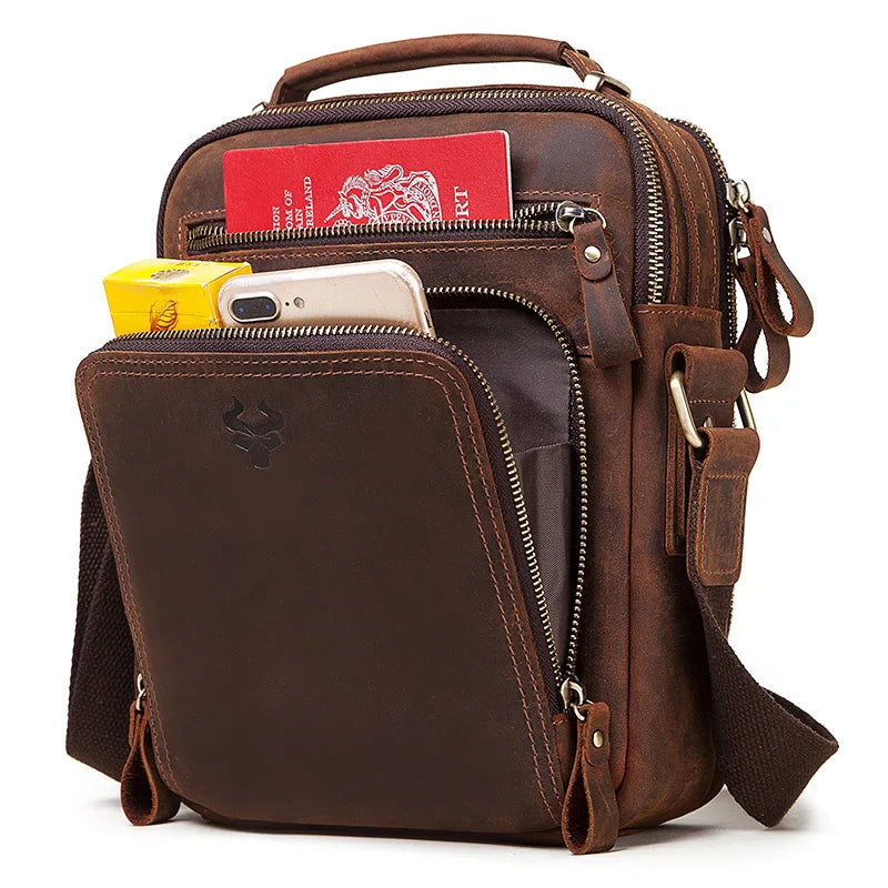 Vintage Crazy Horse Leather Shoulder Bag for Men — Large Capacity Messenger & Travel Tote