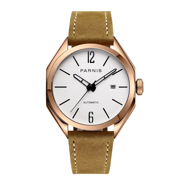 men automatic watch,mens watches luxury brand PARNIS man self wind mechanical wristwatch waterproof clock relogio leather strap