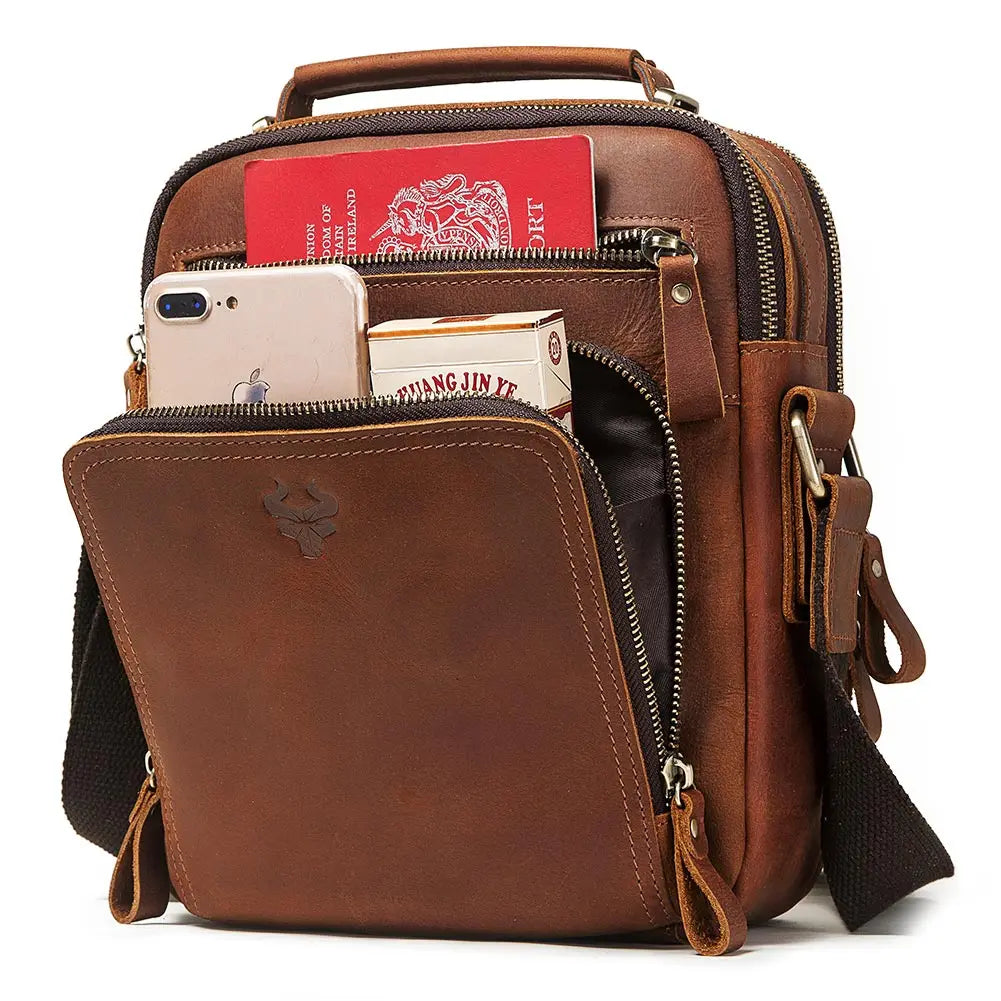 Vintage Crazy Horse Leather Shoulder Bag for Men — Large Capacity Messenger & Travel Tote
