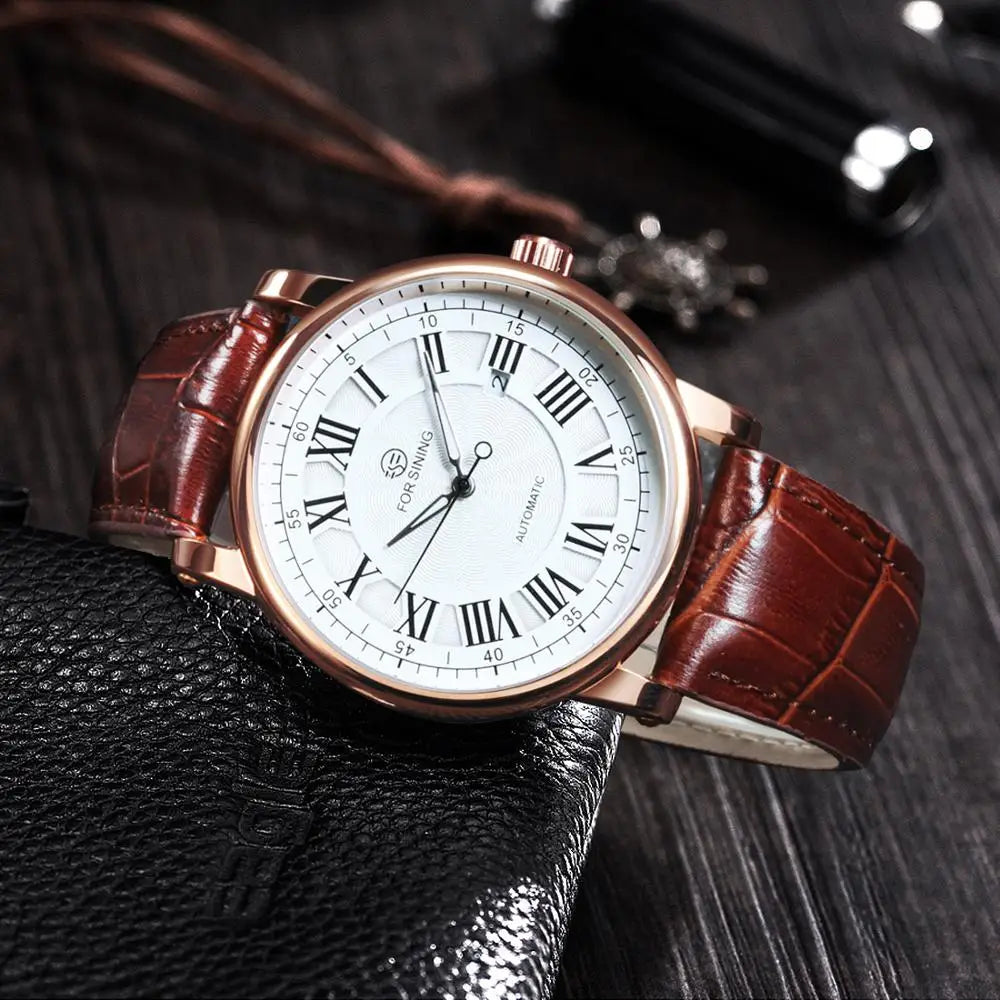 Forsining 279 Automatic Watch – Roman Numeral Dial, Leather Strap, Luminous Hands, Date Display