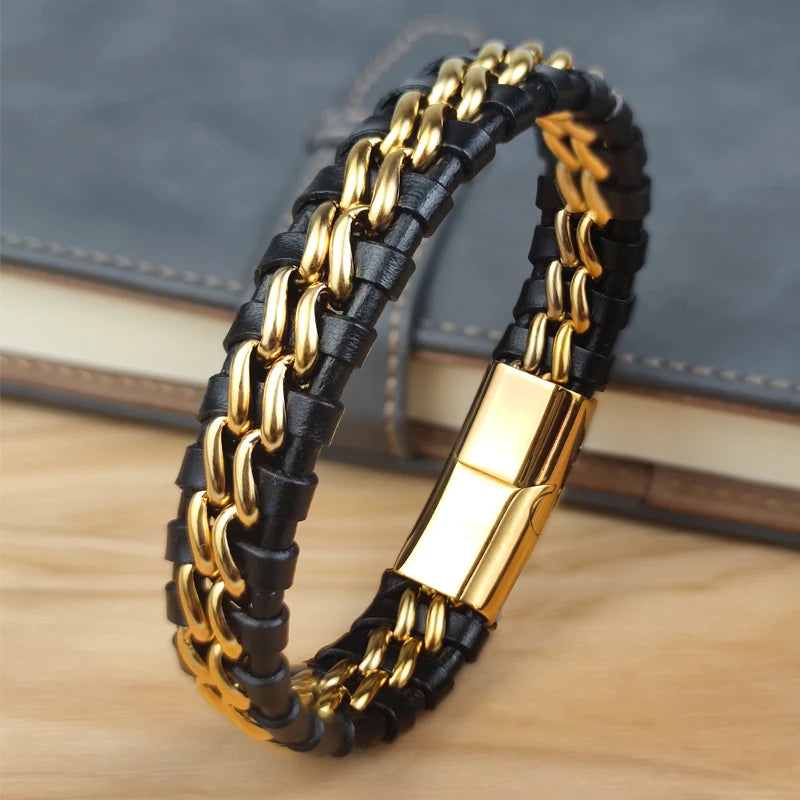 Genuine Leather Chain Bracelet for Men Magnetic Stainless Steel Clasp in Plated Gold Exclusive Jewellery Gift Wholesale Choice