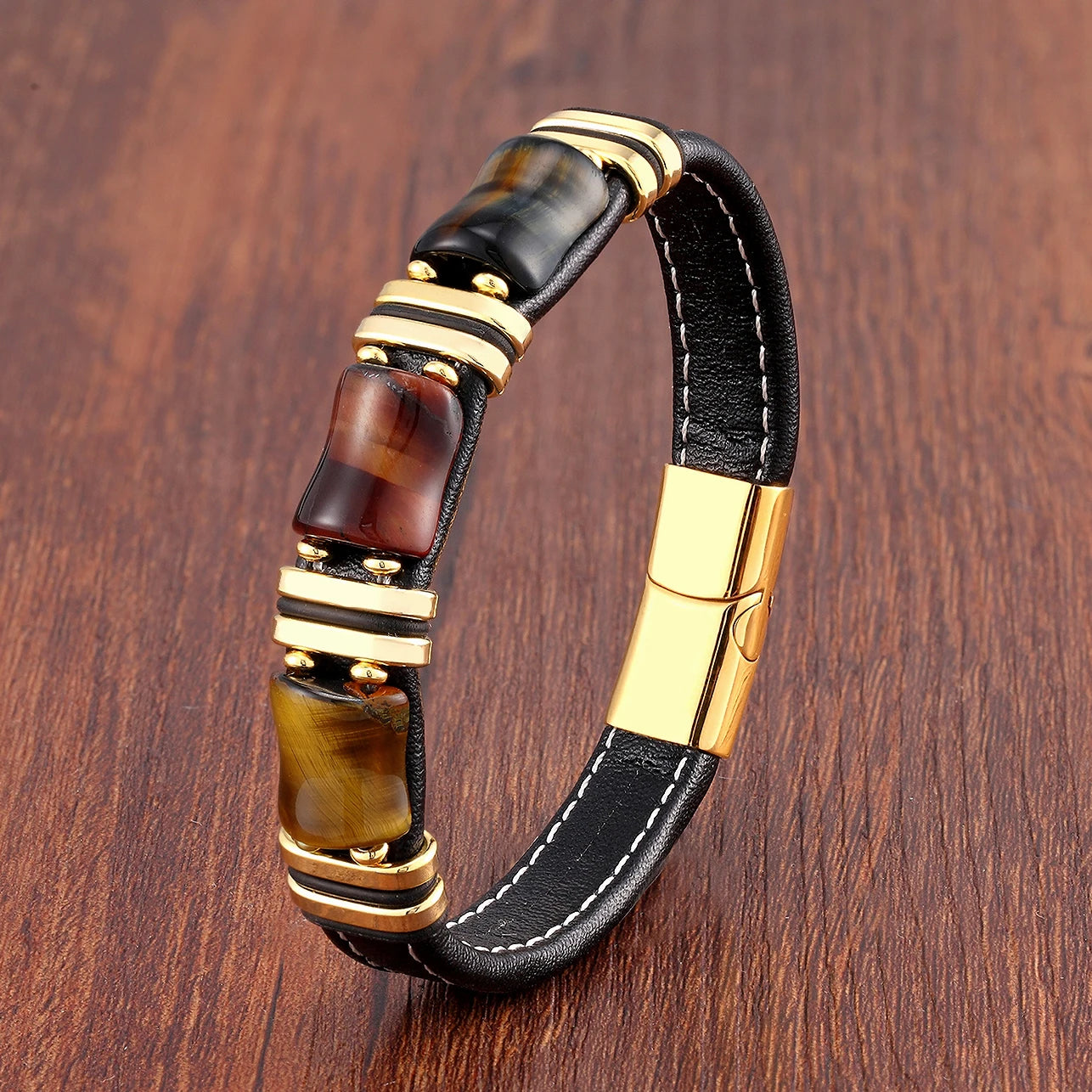 Men's Natural Tiger Eye Stone Bracelet – Leather Rope Chain & Stainless Steel