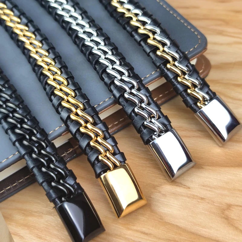 Genuine Leather Chain Bracelet for Men Magnetic Stainless Steel Clasp in Plated Gold Exclusive Jewellery Gift Wholesale Choice