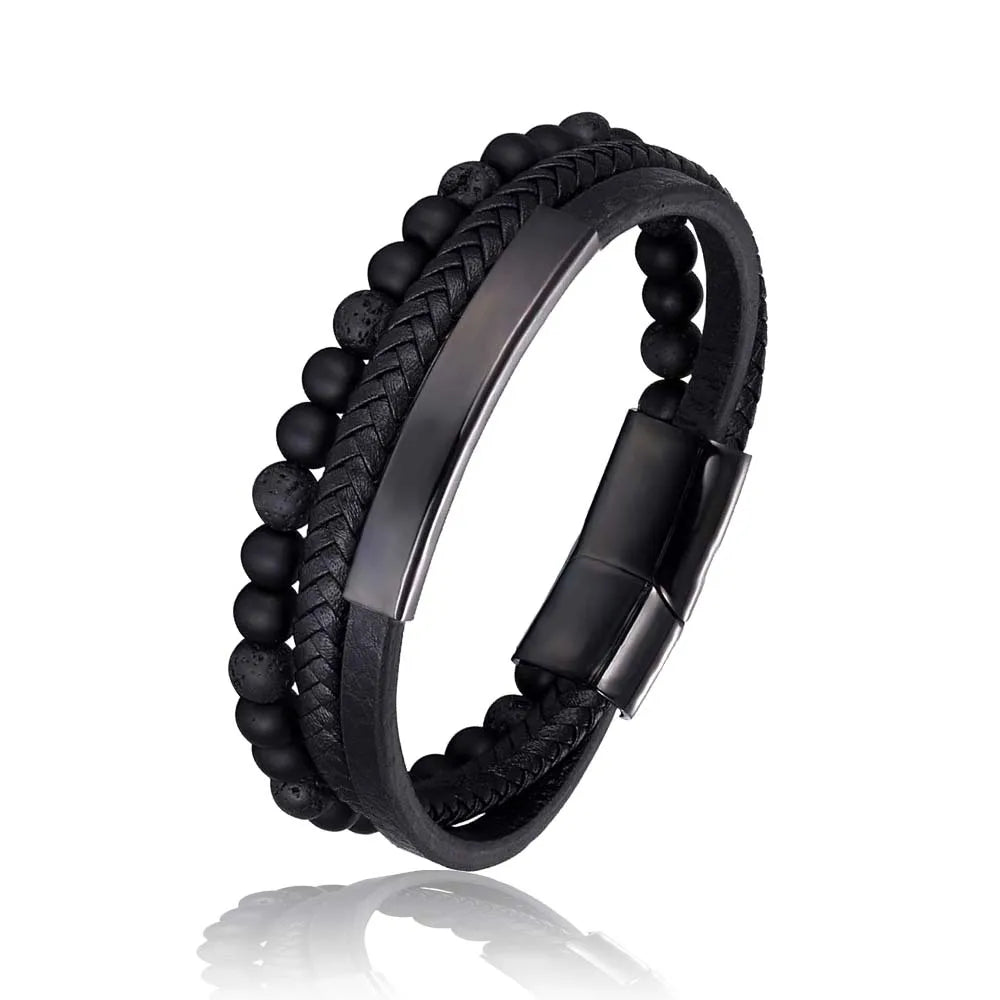 2021 Blue Stone Bracelet Genuine Blue Leather Braided Bracelet Stainless Steel Magnetic Clasp Tiger Eye Bead Bangles Men Jewelry