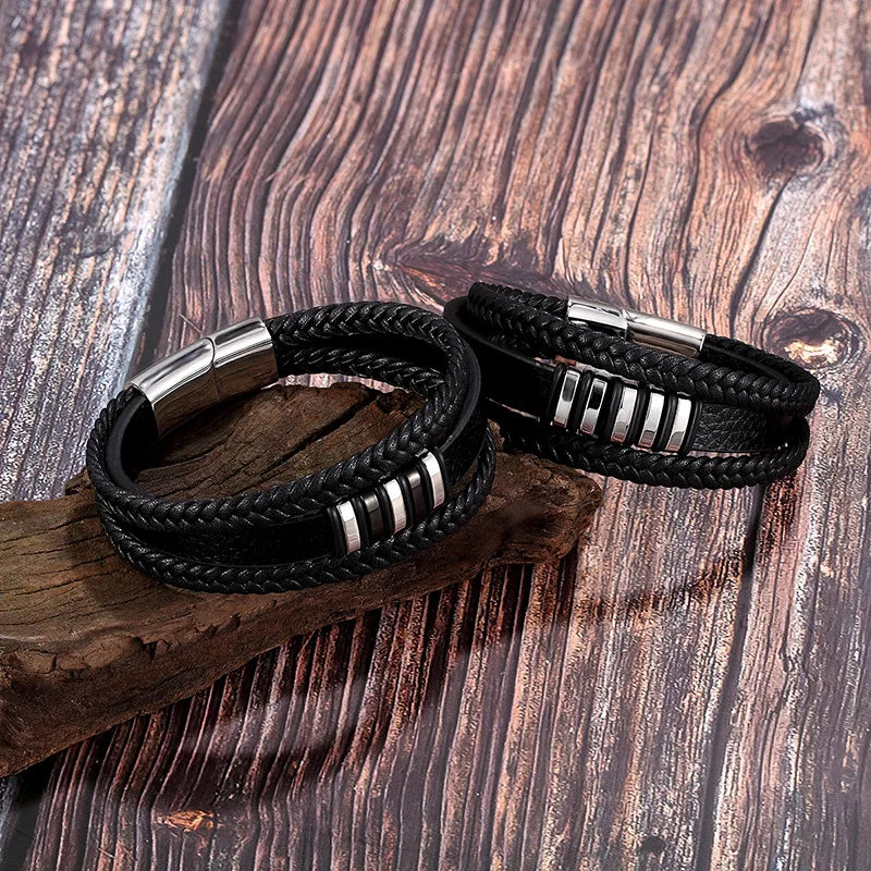 European And American Popular Stainless Steel Leather Bracelet Men's Multilayer Woven Leather Bracelet