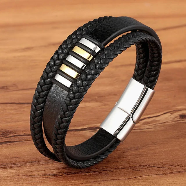 Men's Multilayer Woven Leather Bracelet – 316L Stainless Steel Magnetic Clasp
