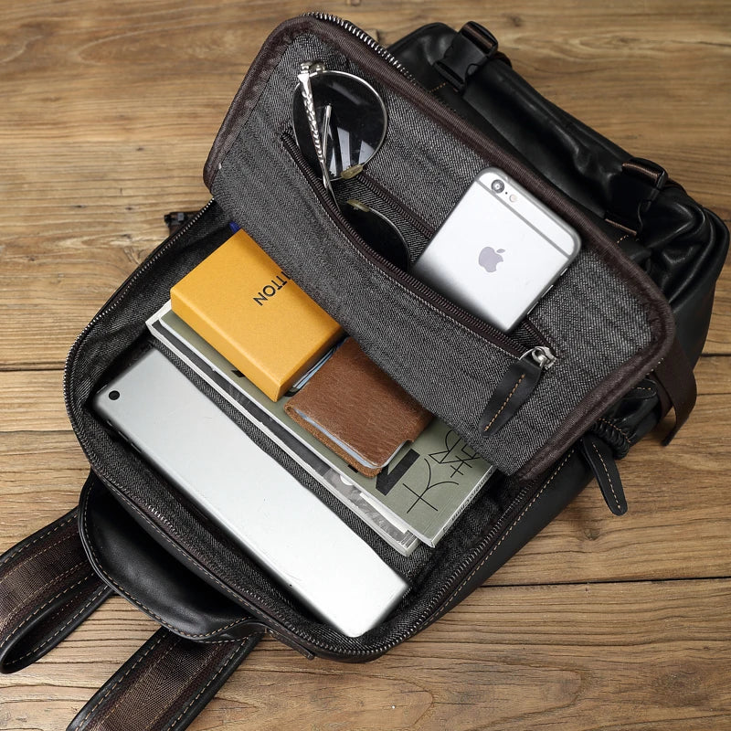 Men's Genuine Leather Backpack – Natural Cowhide, Laptop Compatible, Two Sizes