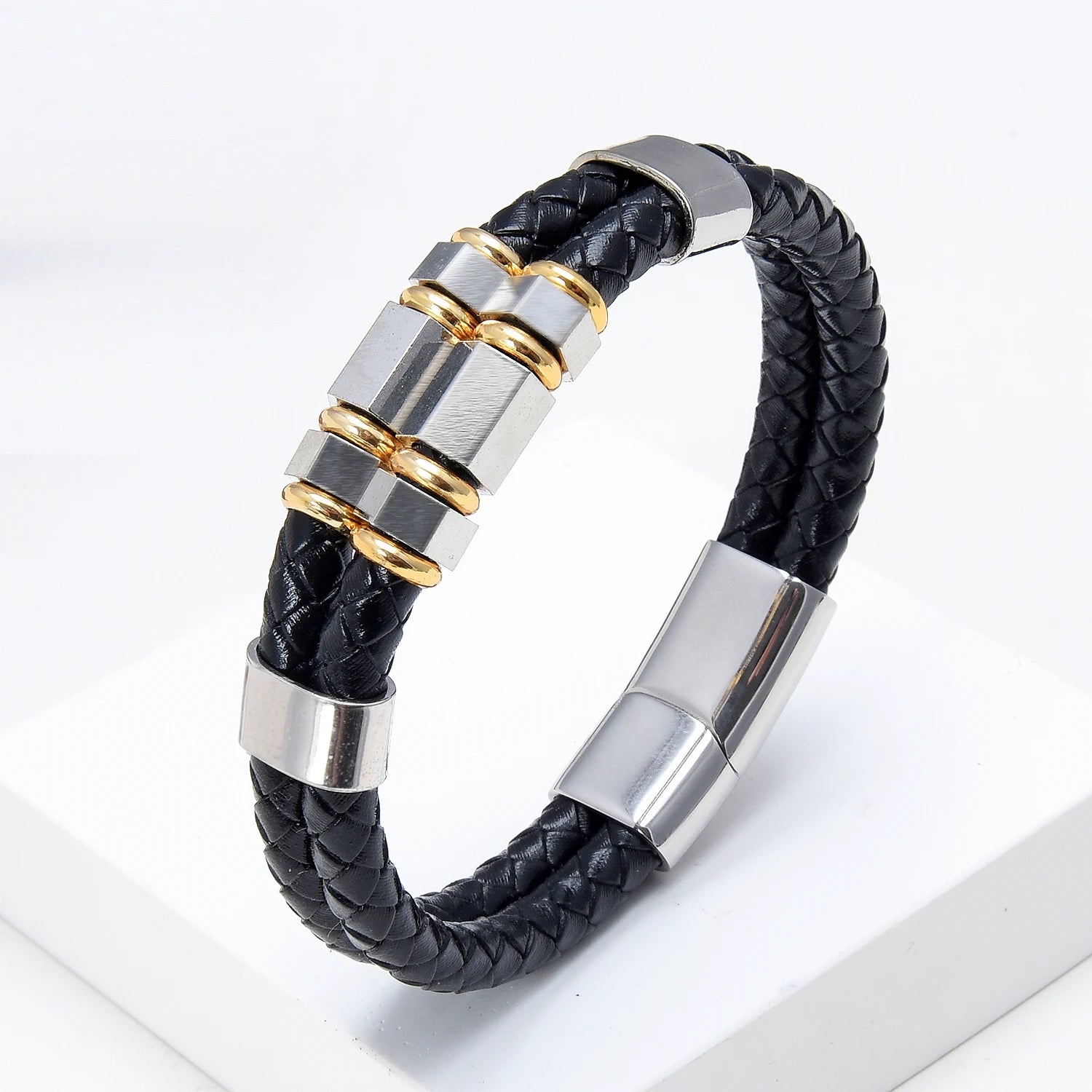 Men's Multilayer Leather Bracelet – Geometric Stainless Steel Charm Bangle