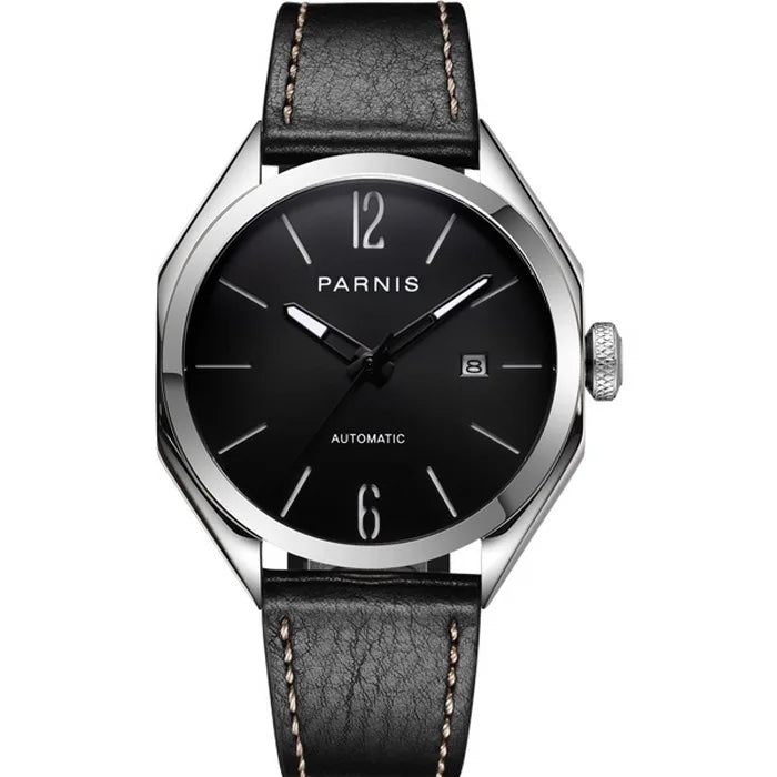 men automatic watch,mens watches luxury brand PARNIS man self wind mechanical wristwatch waterproof clock relogio leather strap