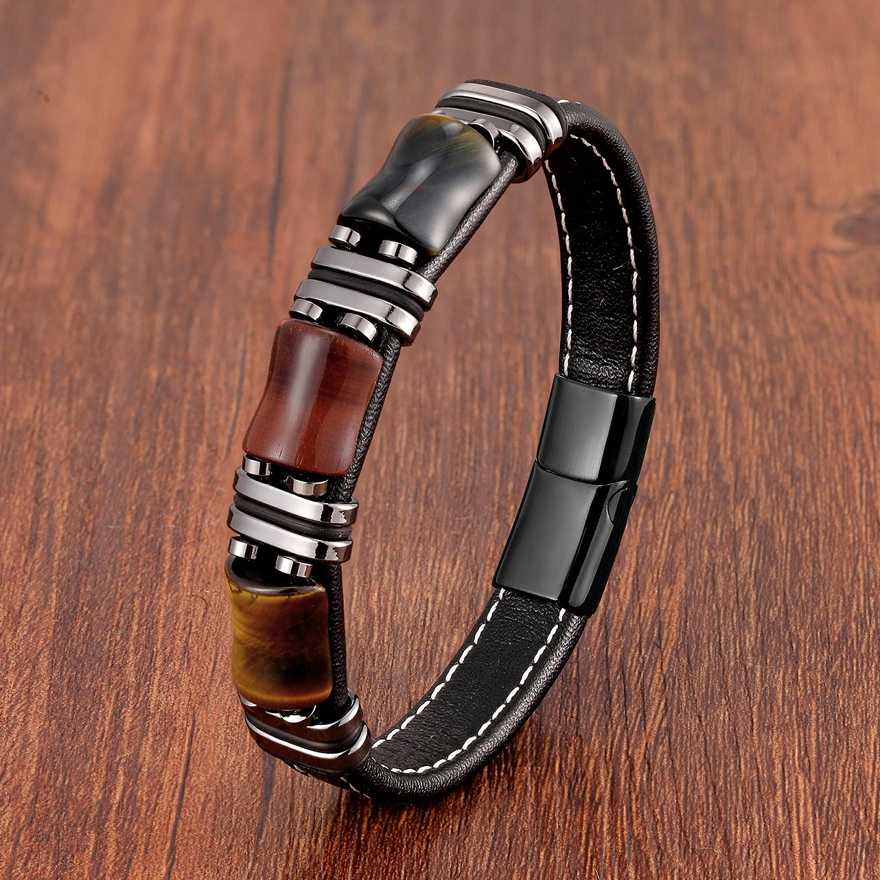 Men's Natural Tiger Eye Stone Bracelet – Leather Rope Chain & Stainless Steel