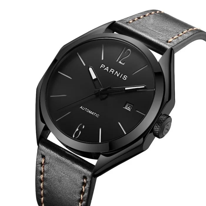men automatic watch,mens watches luxury brand PARNIS man self wind mechanical wristwatch waterproof clock relogio leather strap