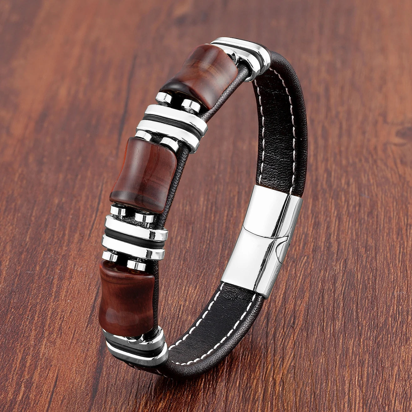 Men's Natural Tiger Eye Stone Bracelet – Leather Rope Chain & Stainless Steel