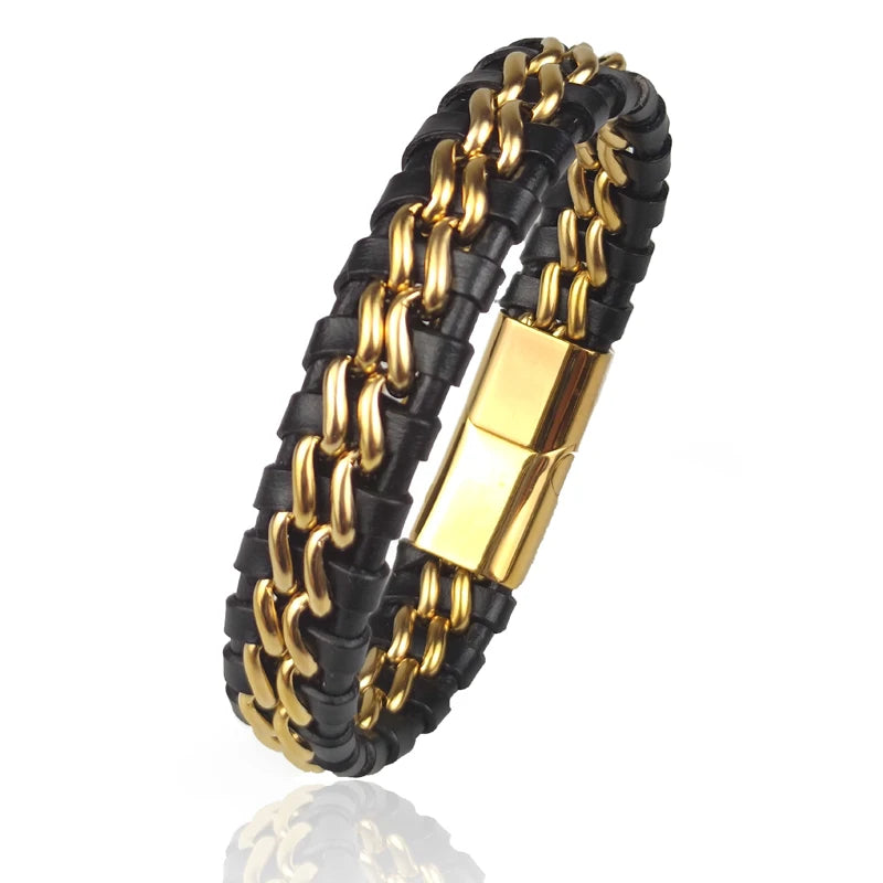 Genuine Leather Chain Bracelet for Men Magnetic Stainless Steel Clasp in Plated Gold Exclusive Jewellery Gift Wholesale Choice