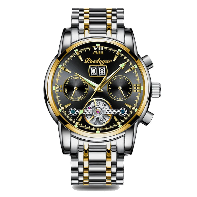 POEDAGAR Business Watch Men Automatic Mechanical Tourbillon Watch Luxury Fashion Stainless Steel Sport Watches Relogio Masculino