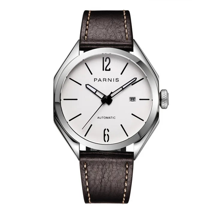 men automatic watch,mens watches luxury brand PARNIS man self wind mechanical wristwatch waterproof clock relogio leather strap