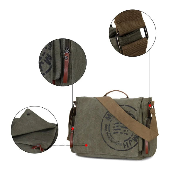 Men's Canvas Vintage Messenger Bag – Large Crossbody Shoulder & Hand Bag