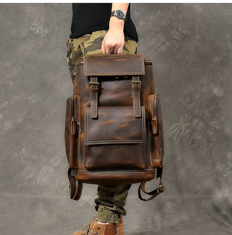 Luufan Genuine Leather Backpack – Vintage Crazy Horse, 15.6" Laptop, 20–35L