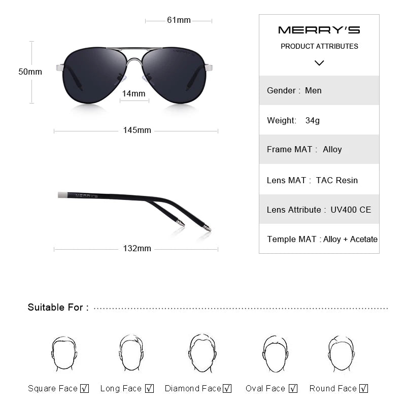 Merry's Men's HD Polarised Pilot Sunglasses — Aluminium Frame