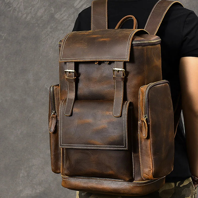 Luufan Genuine Leather Backpack – Vintage Crazy Horse, 15.6" Laptop, 20–35L