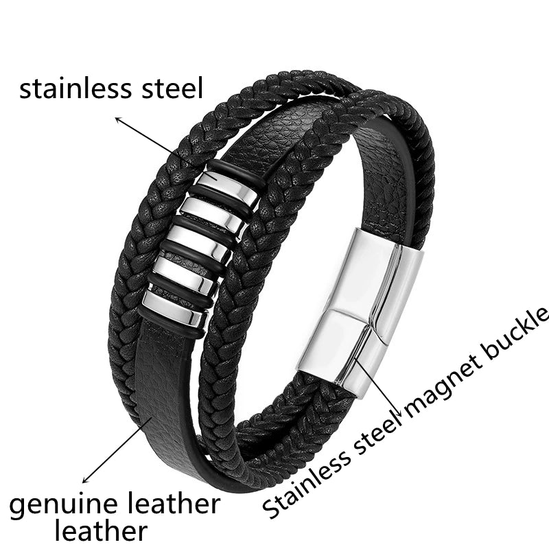 European And American Popular Stainless Steel Leather Bracelet Men's Multilayer Woven Leather Bracelet