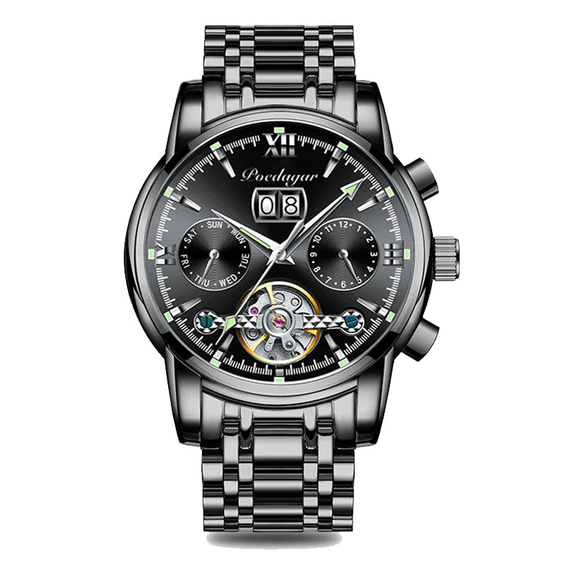 POEDAGAR Business Watch Men Automatic Mechanical Tourbillon Watch Luxury Fashion Stainless Steel Sport Watches Relogio Masculino