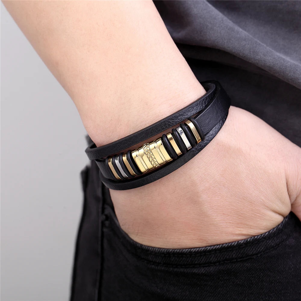 High Quality Luxury Accessories Bracelet Men's Fashion Gift Black Genuine Leather Bracelets DIY Combination Wild Handsome Gift